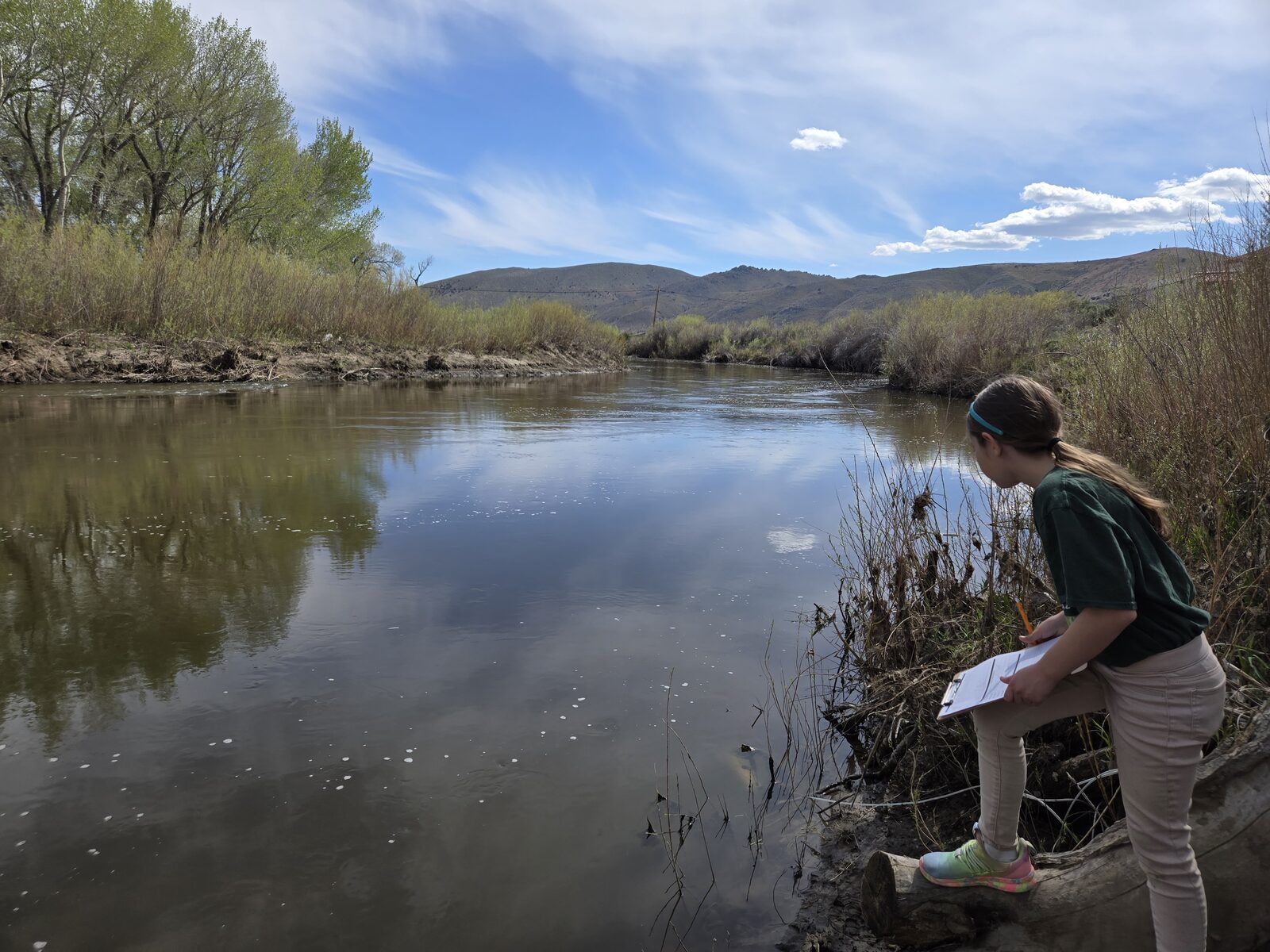 An Eagle Valley Middle School student recording field observations on the bank of the Carson River