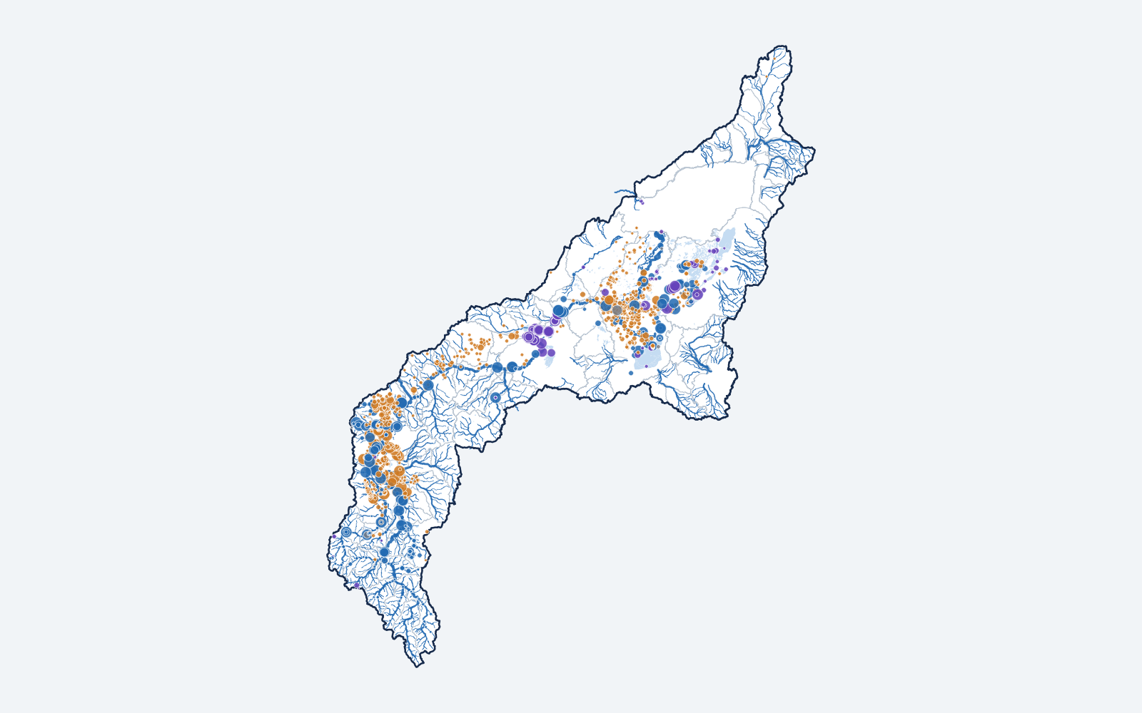 The Carson River watershed: every stream, and every public water-quality monitoring site colored by kind