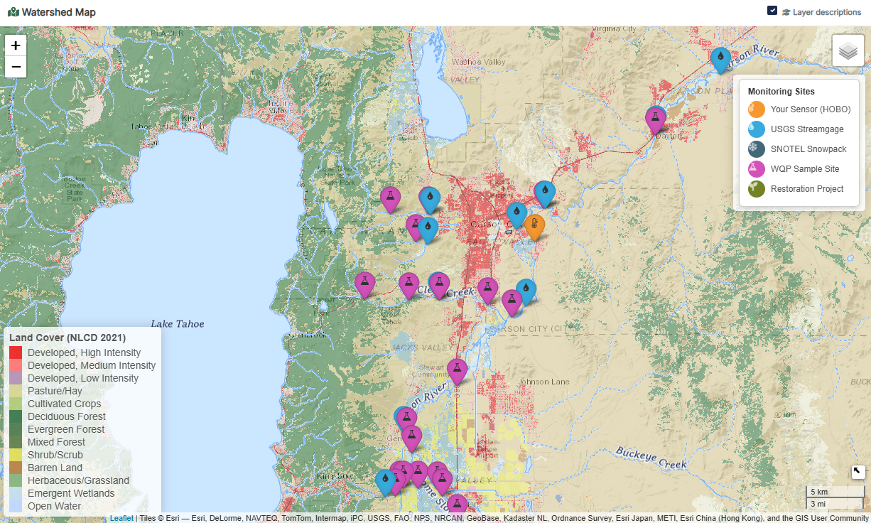 Project FLOW watershed map showing the EVMS sensor (orange) alongside USGS streamgages, SNOTEL snowpack stations, and Water Quality Portal sample sites across the Carson River system, with NLCD land cover overlay